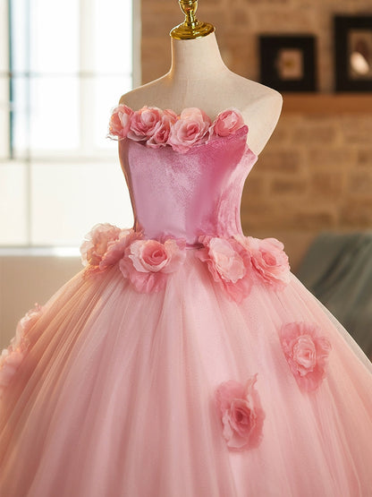 Sheen Strapless Pink Tulle A-Line Sweet 16th Evening Dresses Handmade Flowers Prom Dress AP4893