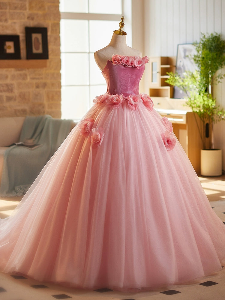 Sheen Strapless Pink Tulle A-Line Sweet 16th Evening Dresses Handmade Flowers Prom Dress AP4893