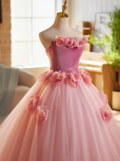 Sheen Strapless Pink Tulle A-Line Sweet 16th Evening Dresses Handmade Flowers Prom Dress AP4893
