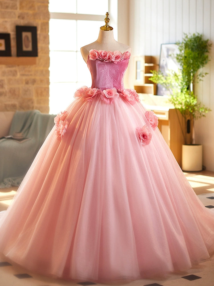 Sheen Strapless Pink Tulle A-Line Sweet 16th Evening Dresses Handmade Flowers Prom Dress AP4893