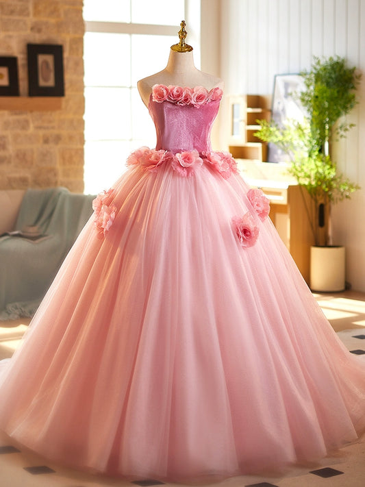 Sheen Strapless Pink Tulle A-Line Sweet 16th Evening Dresses Handmade Flowers Prom Dress AP4893