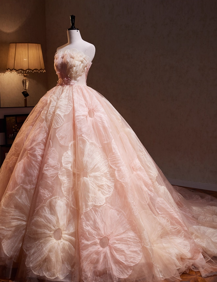Vibrant Strapless A-Line Floral Sweet 16th Evening Dresses Appliques Pink Tulle Prom Dress AP4894