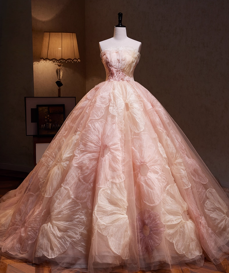 Vibrant Strapless A-Line Floral Sweet 16th Evening Dresses Appliques Pink Tulle Prom Dress AP4894