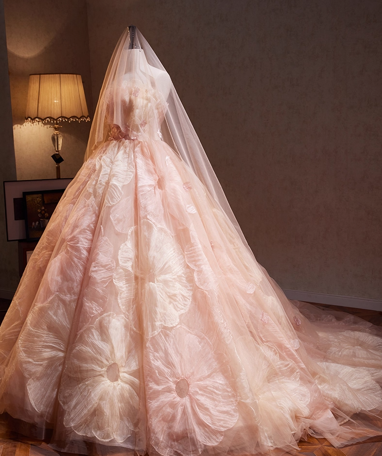 Vibrant Strapless A-Line Floral Sweet 16th Evening Dresses Appliques Pink Tulle Prom Dress AP4894