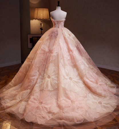 Vibrant Strapless A-Line Floral Sweet 16th Evening Dresses Appliques Pink Tulle Prom Dress AP4894