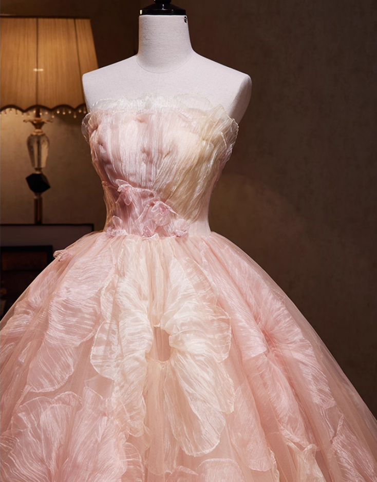 Vibrant Strapless A-Line Floral Sweet 16th Evening Dresses Appliques Pink Tulle Prom Dress AP4894