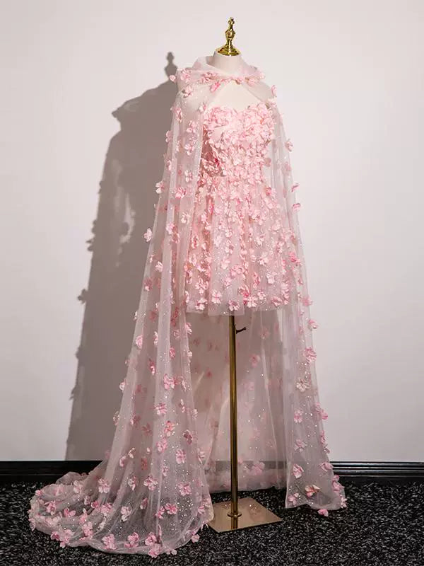 French Style A-Line Strapless Floral Birthday Dresses Sequins Tulle Appliques Homecoming Dress AP4896