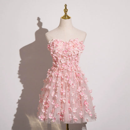French Style A-Line Strapless Floral Birthday Dresses Sequins Tulle Appliques Homecoming Dress AP4896