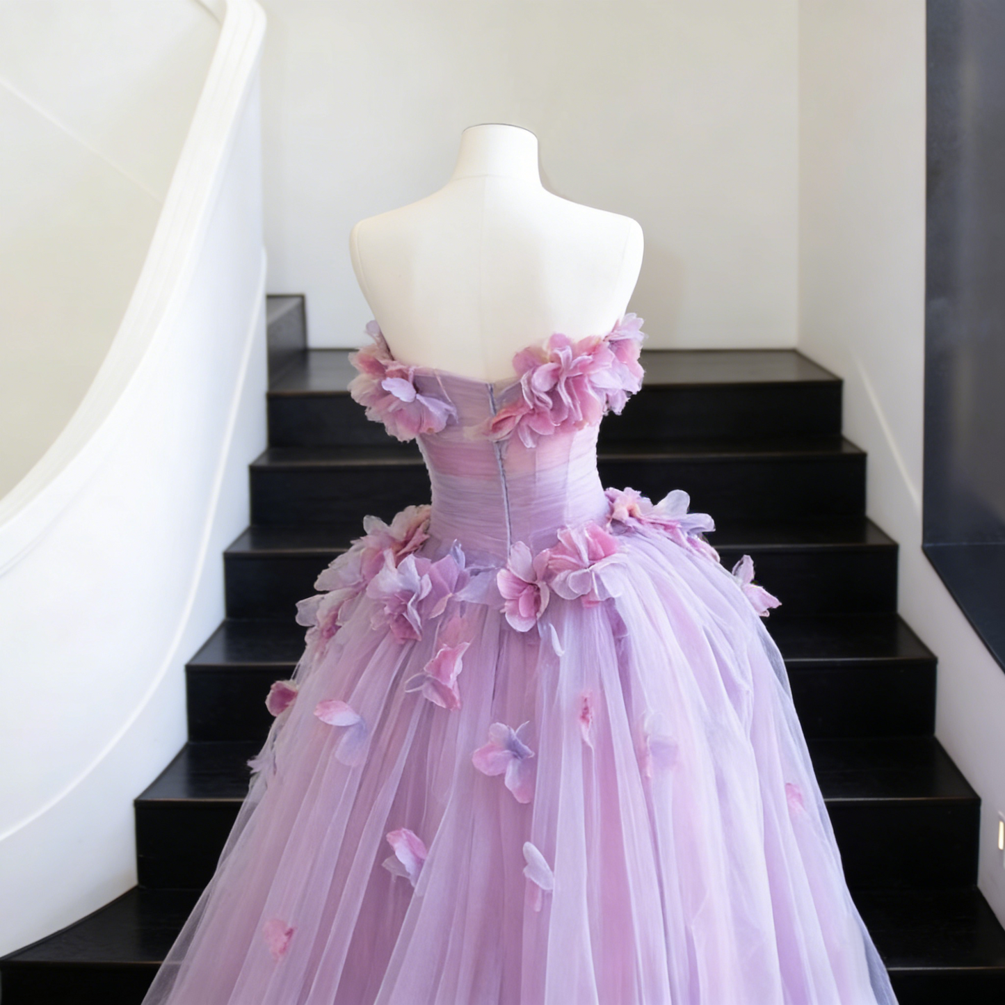Charming Strapless A-Line Layered Tulle Sweet 16th Dresses Handmade Flowers Prom Dress AP4897