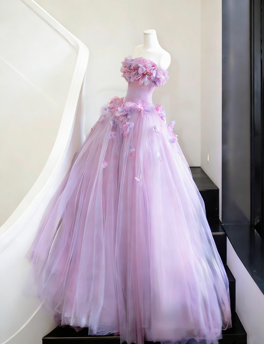 Charming Strapless A-Line Layered Tulle Sweet 16th Dresses Handmade Flowers Prom Dress AP4897