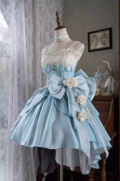 Dopamine Style A-Line Spaghetti Strap Ruffles Birthday Gowns Bows Handmade Flowers Crystal Beading Homecoming Dress AP4899