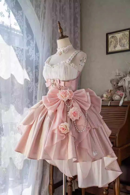 Dopamine Style A-Line Spaghetti Strap Ruffles Birthday Gowns Bows Handmade Flowers Crystal Beading Homecoming Dress AP4899