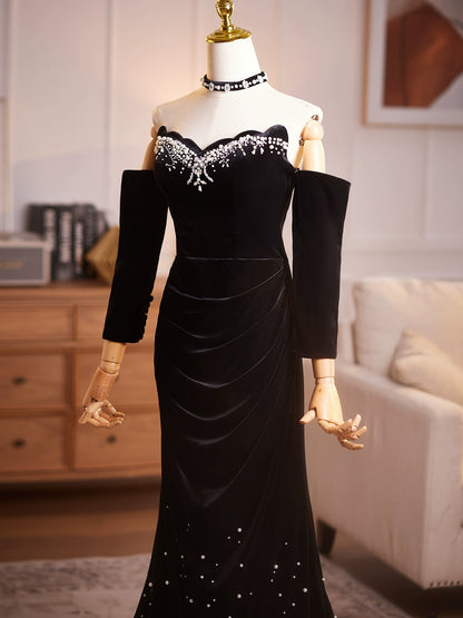 Simple Strapless Sheath Sweet 16th Dresses Black Velvet Beaded Prom Dress AP4900
