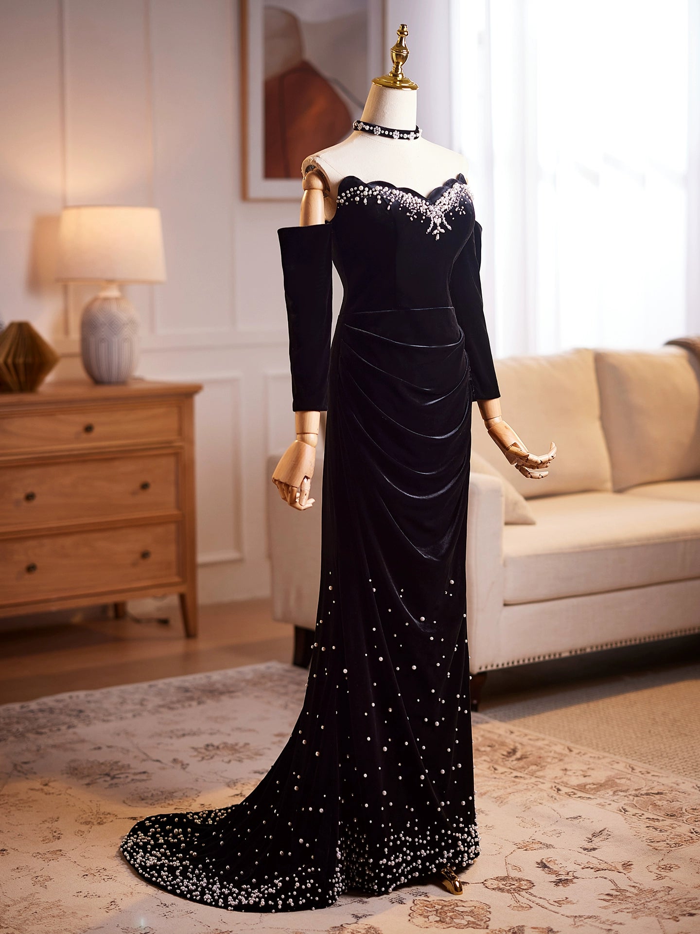 Simple Strapless Sheath Sweet 16th Dresses Black Velvet Beaded Prom Dress AP4900