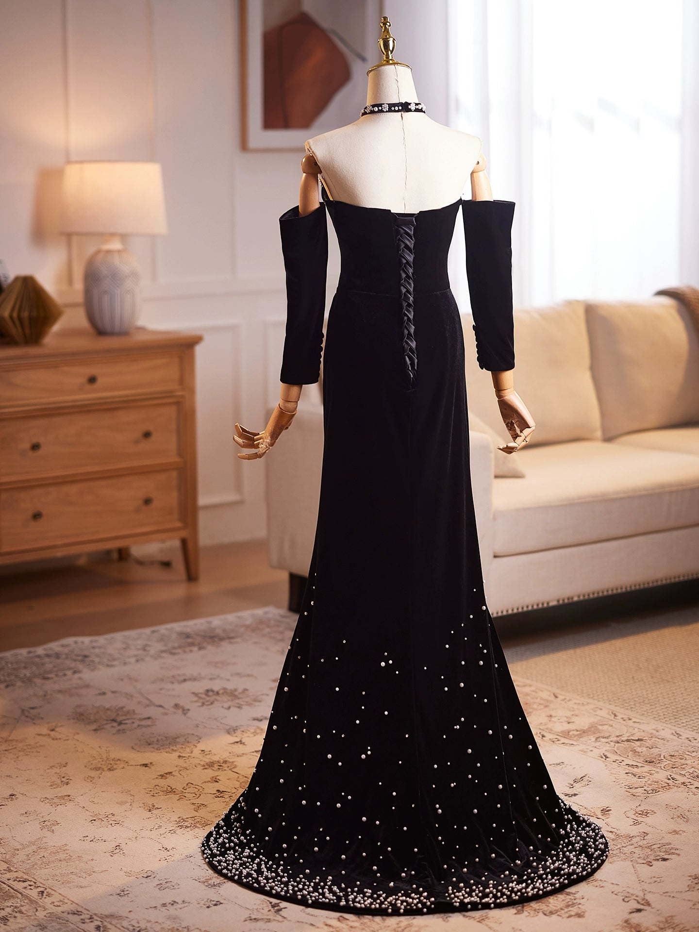 Simple Strapless Sheath Sweet 16th Dresses Black Velvet Beaded Prom Dress AP4900