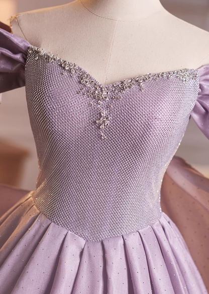 Flowy A-Line Off-Shoulder Purple Sweet 16th Gowns Sequins Beading Prom Dress AP4901