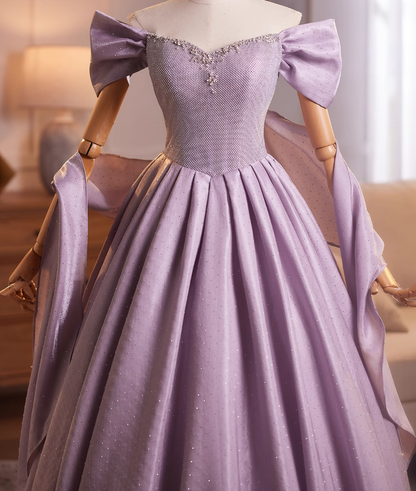 Flowy A-Line Off-Shoulder Purple Sweet 16th Gowns Sequins Beading Prom Dress AP4901