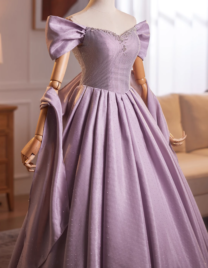 Flowy A-Line Off-Shoulder Purple Sweet 16th Gowns Sequins Beading Prom Dress AP4901