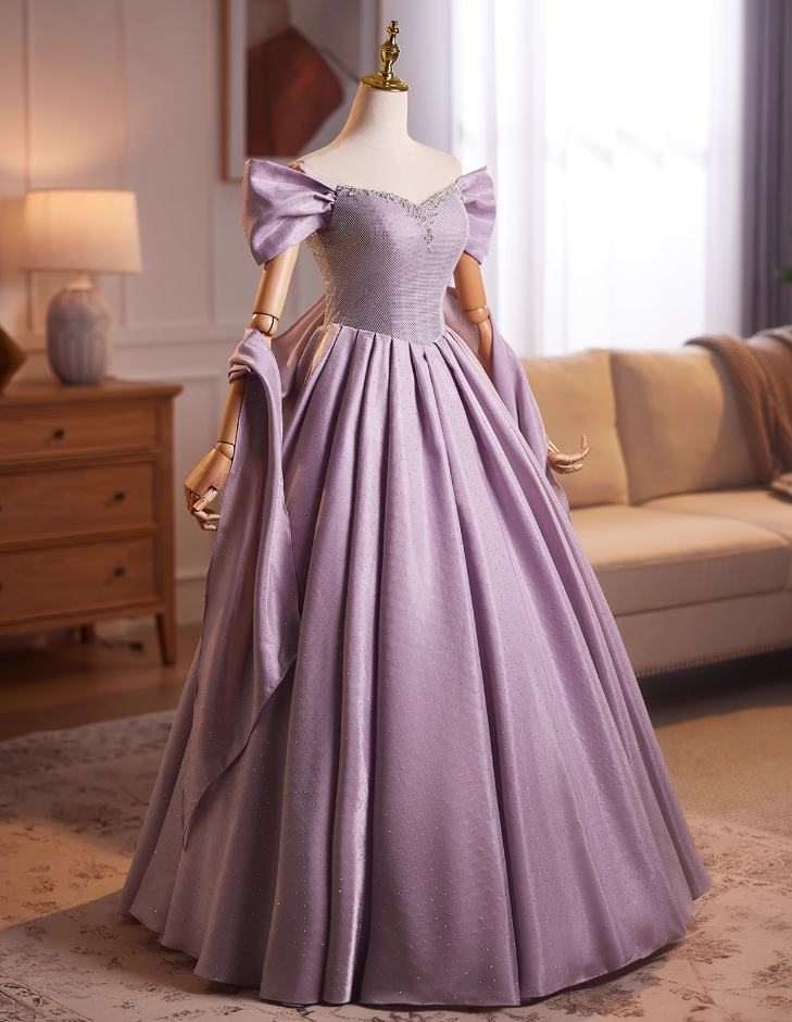 Flowy A-Line Off-Shoulder Purple Sweet 16th Gowns Sequins Beading Prom Dress AP4901