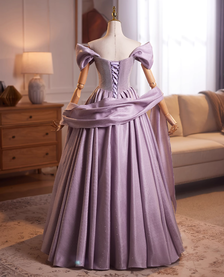 Flowy A-Line Off-Shoulder Purple Sweet 16th Gowns Sequins Beading Prom Dress AP4901
