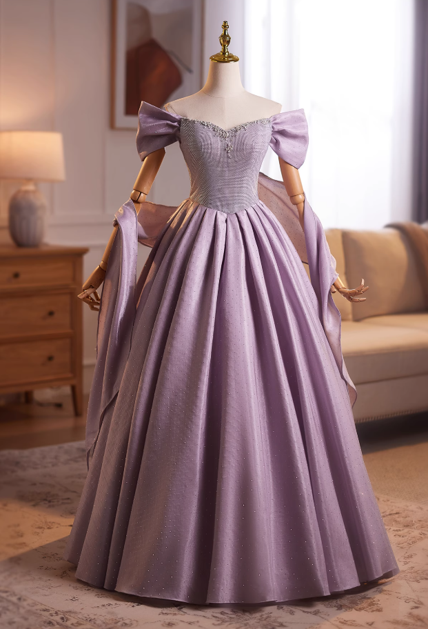 Flowy A-Line Off-Shoulder Purple Sweet 16th Gowns Sequins Beading Prom Dress AP4901