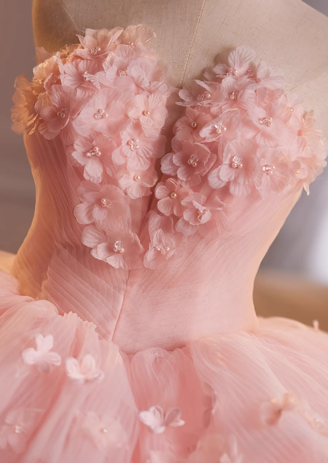 Sparkly Strapless A-Line Pink Tulle Sweet 16th Dresses Appliques Beads Tiered Prom Dress AP4902