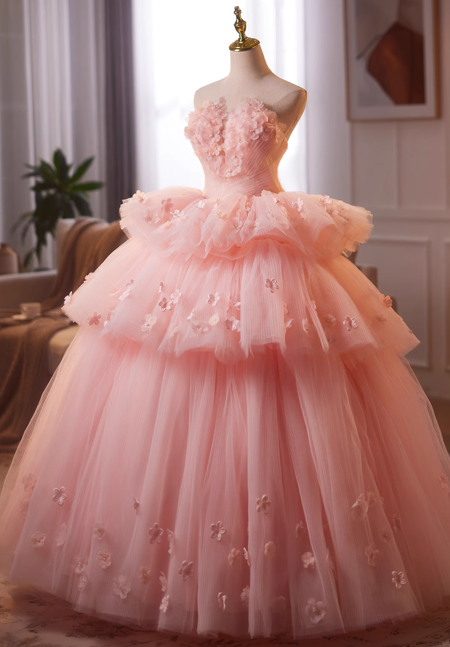 Sparkly Strapless A-Line Pink Tulle Sweet 16th Dresses Appliques Beads Tiered Prom Dress AP4902