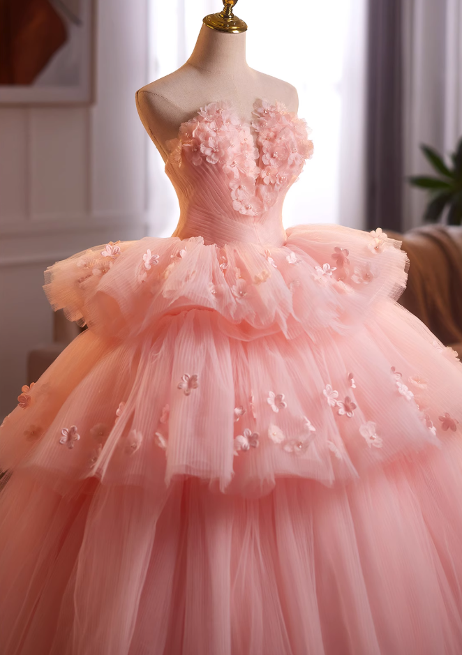 Sparkly Strapless A-Line Pink Tulle Sweet 16th Dresses Appliques Beads Tiered Prom Dress AP4902