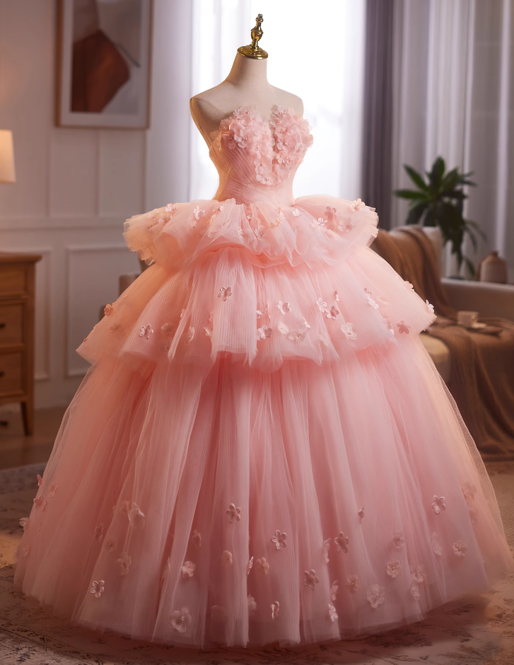 Sparkly Strapless A-Line Pink Tulle Sweet 16th Dresses Appliques Beads Tiered Prom Dress AP4902
