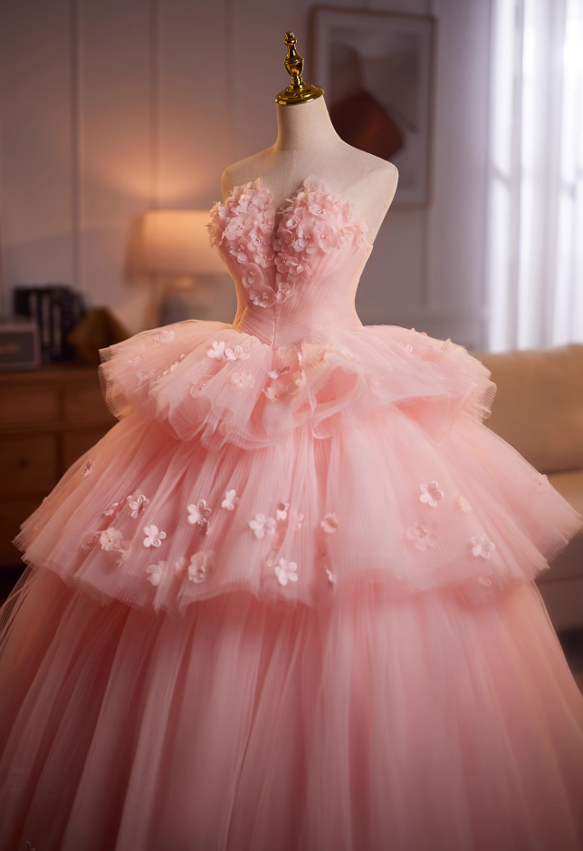 Sparkly Strapless A-Line Pink Tulle Sweet 16th Dresses Appliques Beads Tiered Prom Dress AP4902