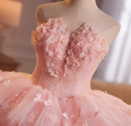 Sparkly Strapless A-Line Pink Tulle Sweet 16th Dresses Appliques Beads Tiered Prom Dress AP4902