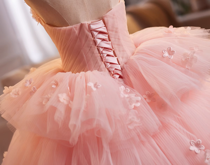 Sparkly Strapless A-Line Pink Tulle Sweet 16th Dresses Appliques Beads Tiered Prom Dress AP4902