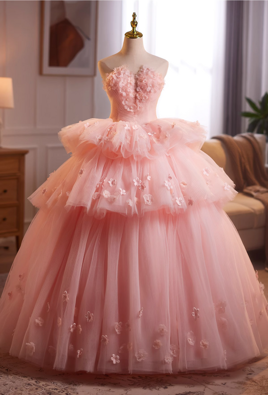 Sparkly Strapless A-Line Pink Tulle Sweet 16th Dresses Appliques Beads Tiered Prom Dress AP4902
