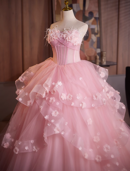 Adorable Strapless A-Line Ruffled Tulle Sweet 16th Dresses Appliques Beads Feather Prom Dress AP4903