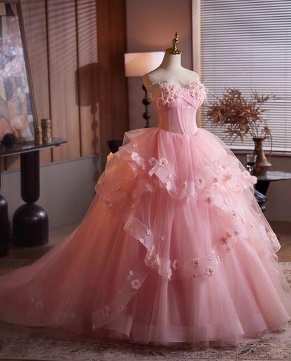 Adorable Strapless A-Line Ruffled Tulle Sweet 16th Dresses Appliques Beads Feather Prom Dress AP4903