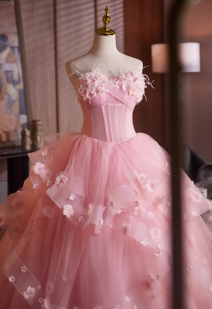 Adorable Strapless A-Line Ruffled Tulle Sweet 16th Dresses Appliques Beads Feather Prom Dress AP4903
