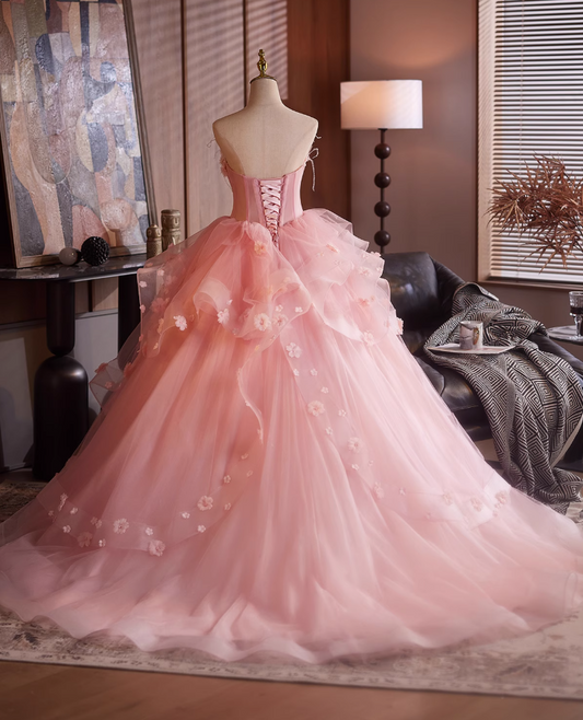 Adorable Strapless A-Line Ruffled Tulle Sweet 16th Dresses Appliques Beads Feather Prom Dress AP4903