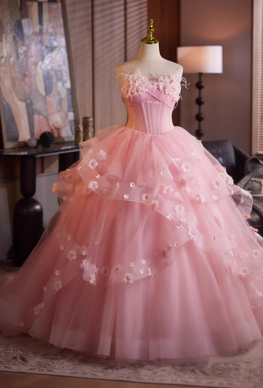 Adorable Strapless A-Line Ruffled Tulle Sweet 16th Dresses Appliques Beads Feather Prom Dress AP4903