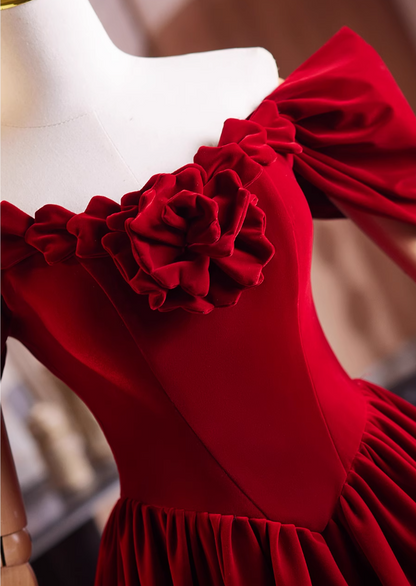 Playful A-Line Off-Shoulder Red Velvet Sweet 16th Gowns Handmade Flowers Prom Dress AP4904