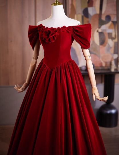 Playful A-Line Off-Shoulder Red Velvet Sweet 16th Gowns Handmade Flowers Prom Dress AP4904