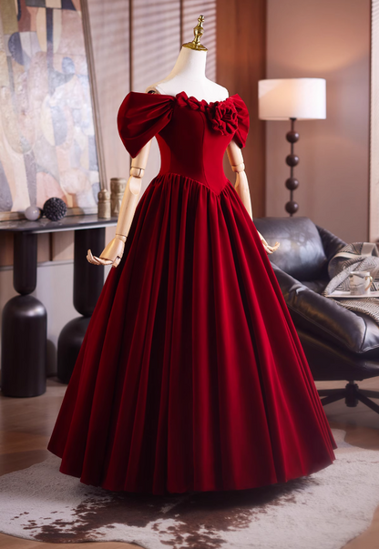 Playful A-Line Off-Shoulder Red Velvet Sweet 16th Gowns Handmade Flowers Prom Dress AP4904