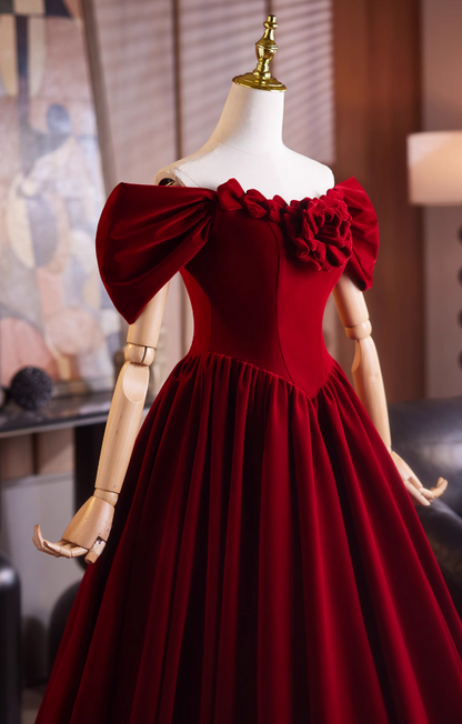 Playful A-Line Off-Shoulder Red Velvet Sweet 16th Gowns Handmade Flowers Prom Dress AP4904