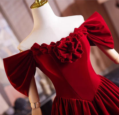 Playful A-Line Off-Shoulder Red Velvet Sweet 16th Gowns Handmade Flowers Prom Dress AP4904