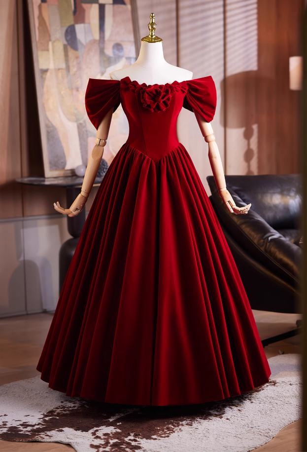 Playful A-Line Off-Shoulder Red Velvet Sweet 16th Gowns Handmade Flowers Prom Dress AP4904