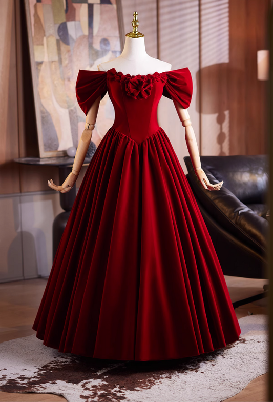 Playful A-Line Off-Shoulder Red Velvet Sweet 16th Gowns Handmade Flowers Prom Dress AP4904
