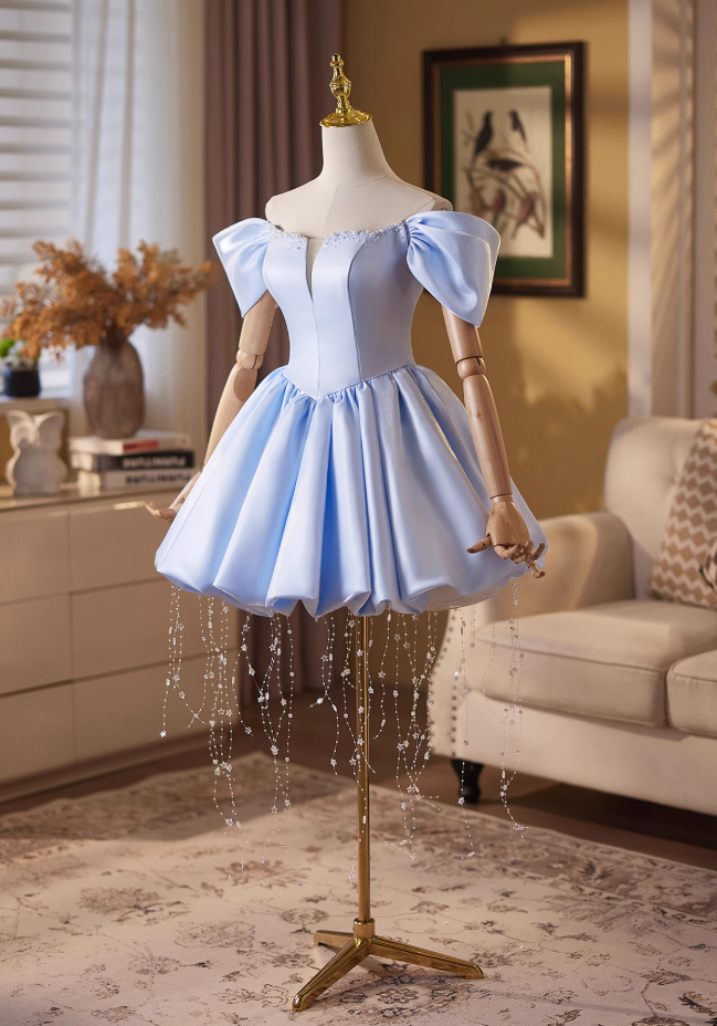 Fitted Off-Shoulder A-Line Lace-Up Birthday Dresses Tassel Satin Beaded Homecoming Dress AP4907