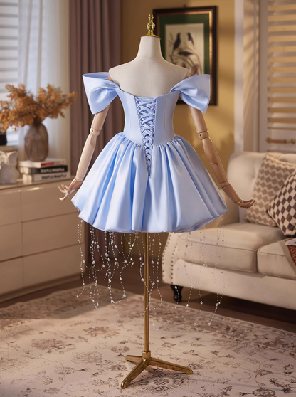 Fitted Off-Shoulder A-Line Lace-Up Birthday Dresses Tassel Satin Beaded Homecoming Dress AP4907