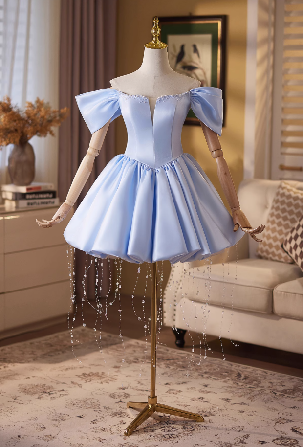 Fitted Off-Shoulder A-Line Lace-Up Birthday Dresses Tassel Satin Beaded Homecoming Dress AP4907