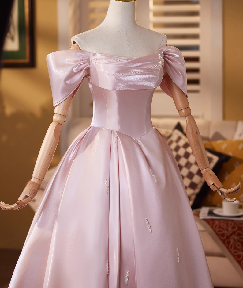 Flattering A-Line Off-Shoulder Sweet 16th Gowns Beads Pink Satin Prom Dress AP4908