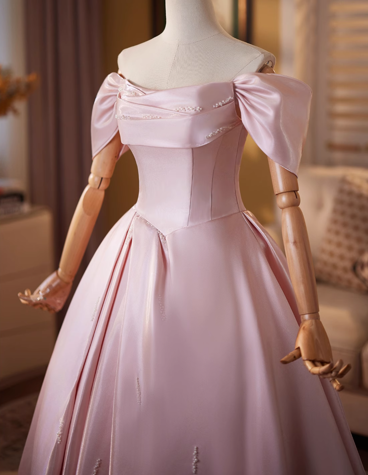 Flattering A-Line Off-Shoulder Sweet 16th Gowns Beads Pink Satin Prom Dress AP4908
